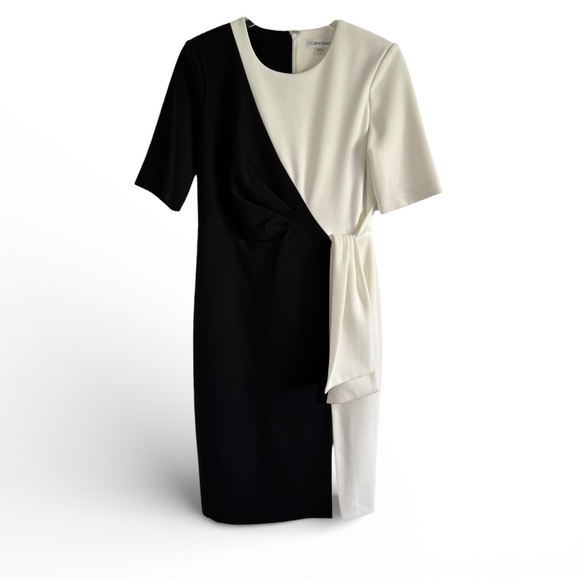 CALVIN KLEIN BLACK WHITE COLORBLOCK SHEATH BUSINESS CAREER DRESS SZ 8 - Picture 3 of 5